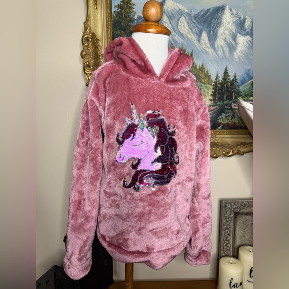 Vintage Pink Fuzzy Hoodie with Sequin Unicorn